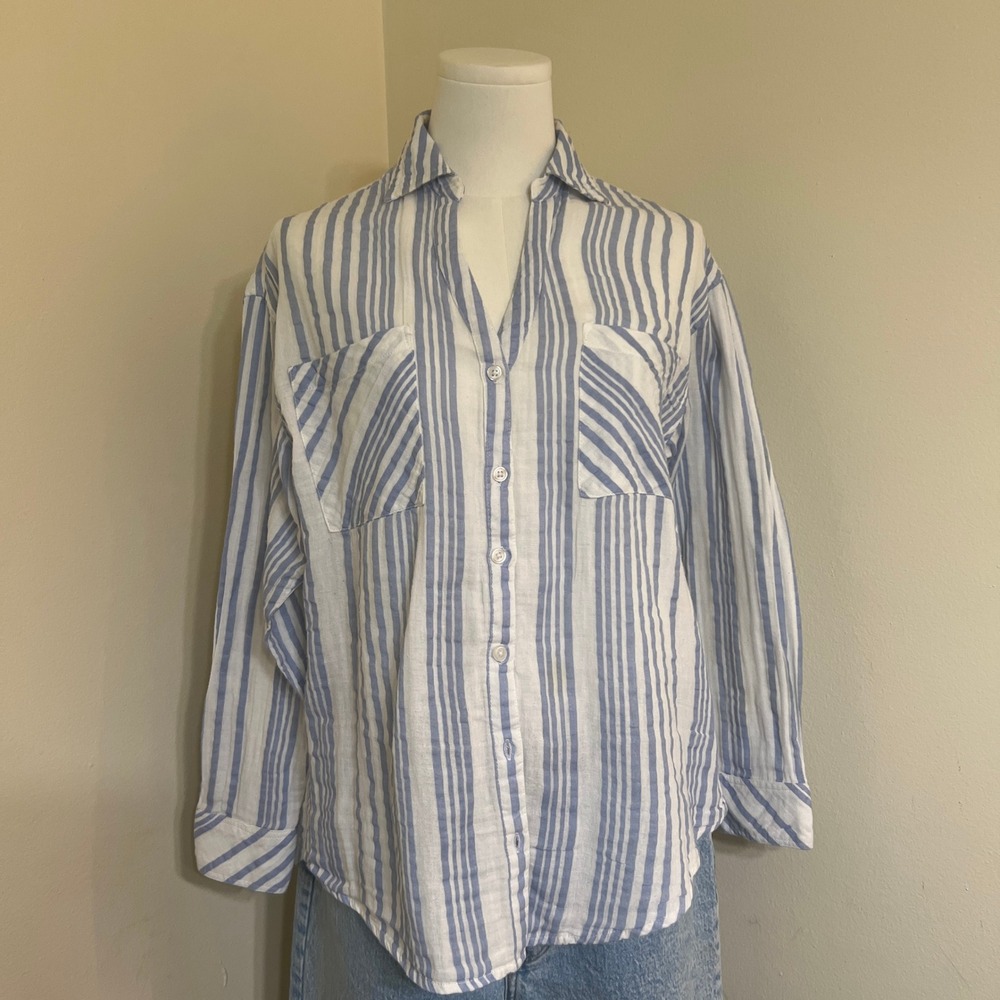 Blue Rain Womens Blue White Striped Cotton Button Down Shirt Small DLBTUN1
